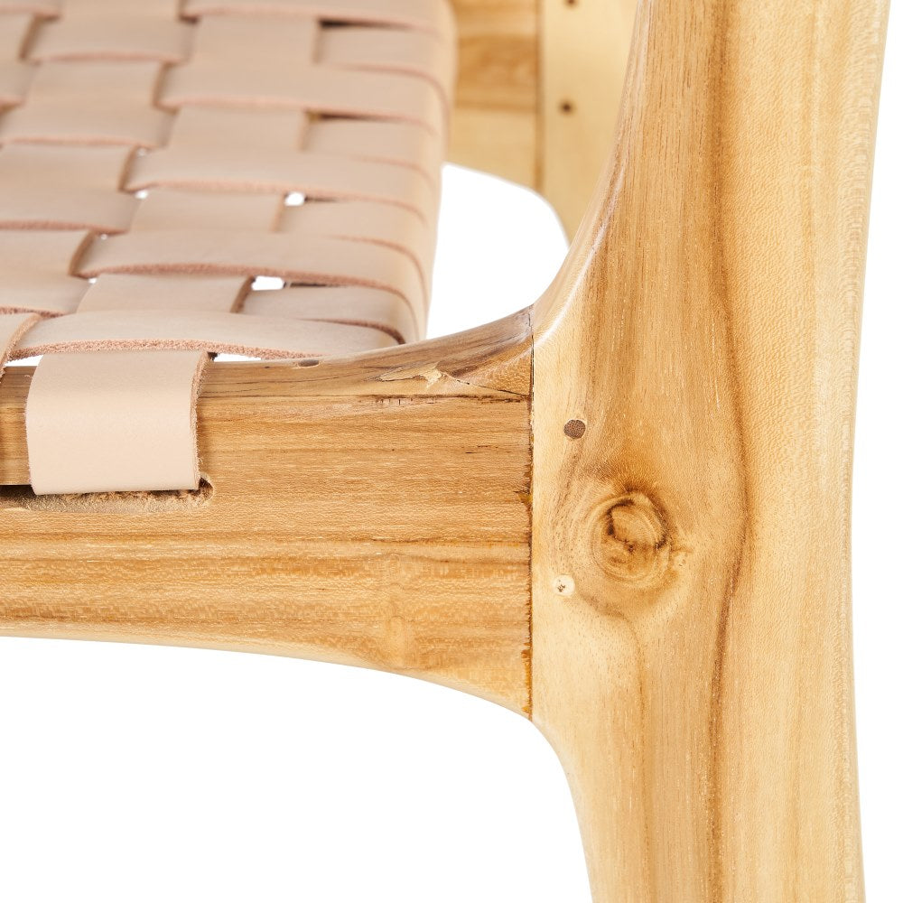 Taburete de madera de teca y piel beige