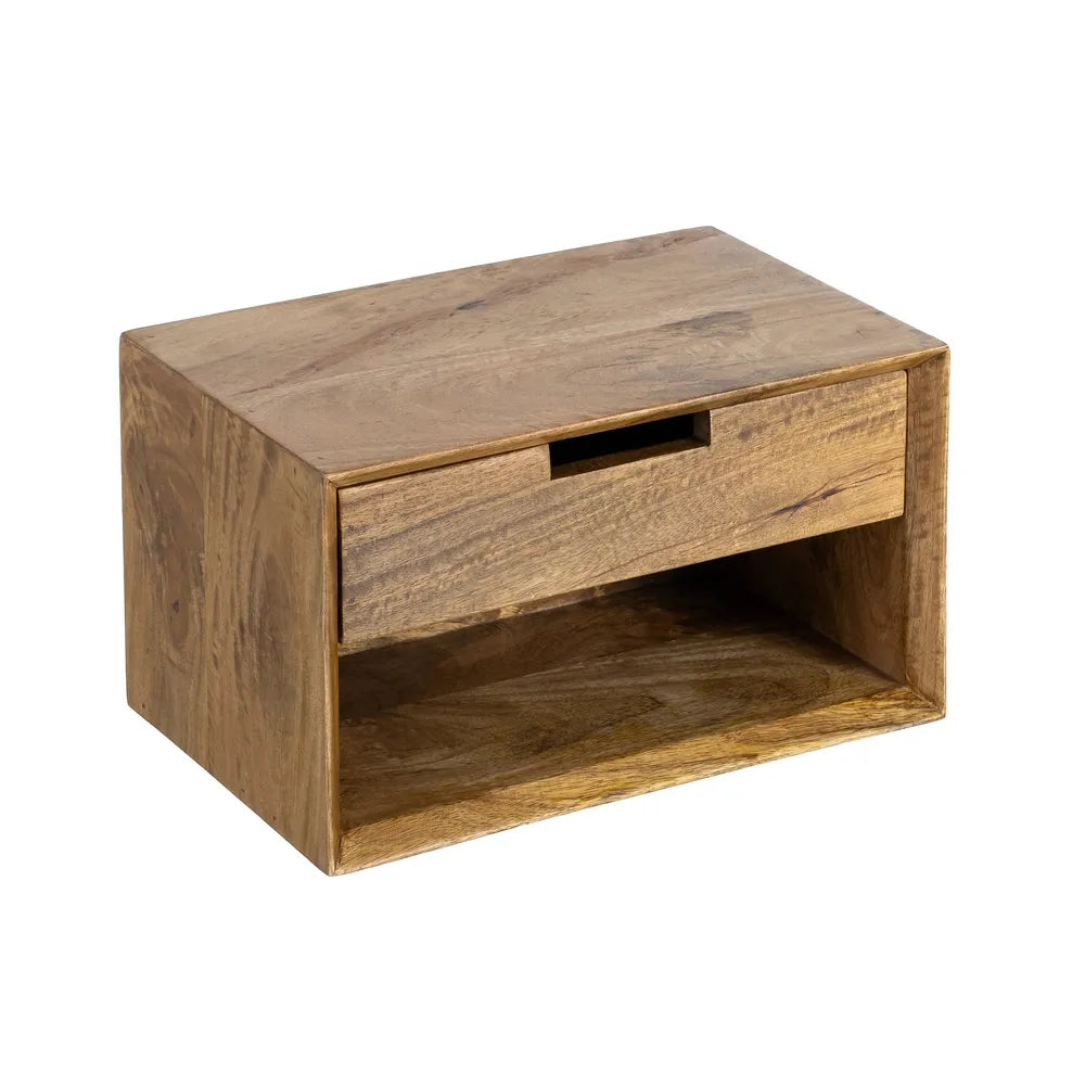 Mesita flotante de madera de mango con cajón.