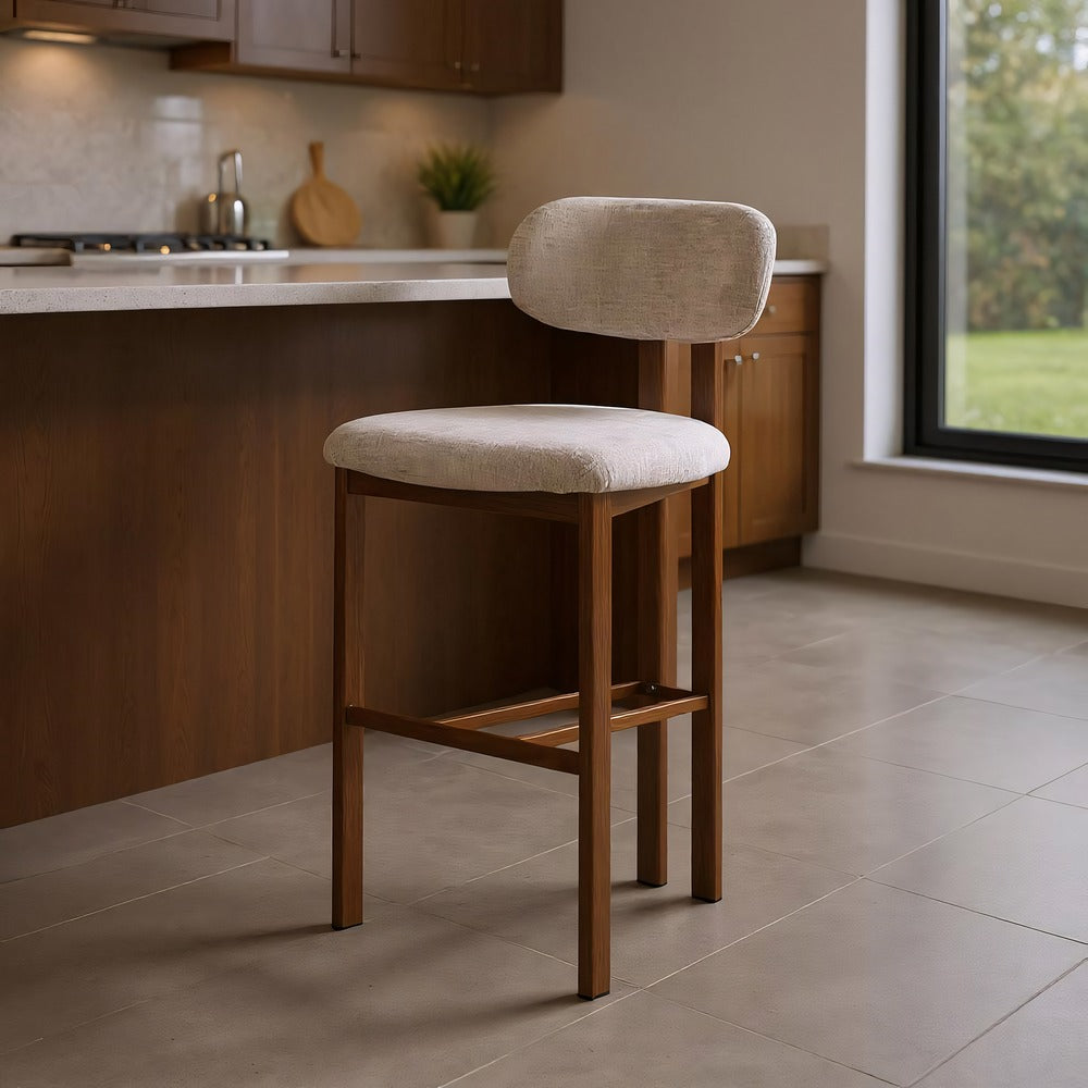 Taburete alto beige en tejido y metal – 75 cm