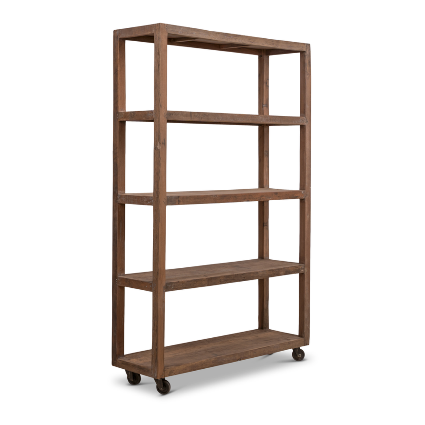 Estantería industrial de madera maciza con ruedas.