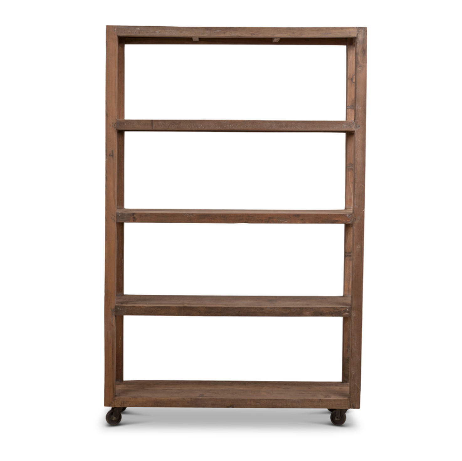Estantería industrial de madera maciza con ruedas.