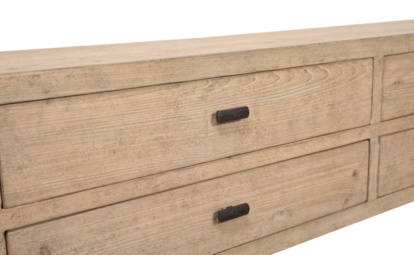 Mueble TV de madera natural con 6 cajones