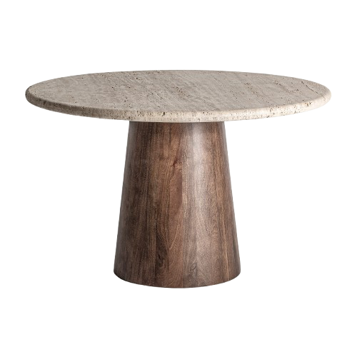 Mesa de comedor en travertino y madera de mango