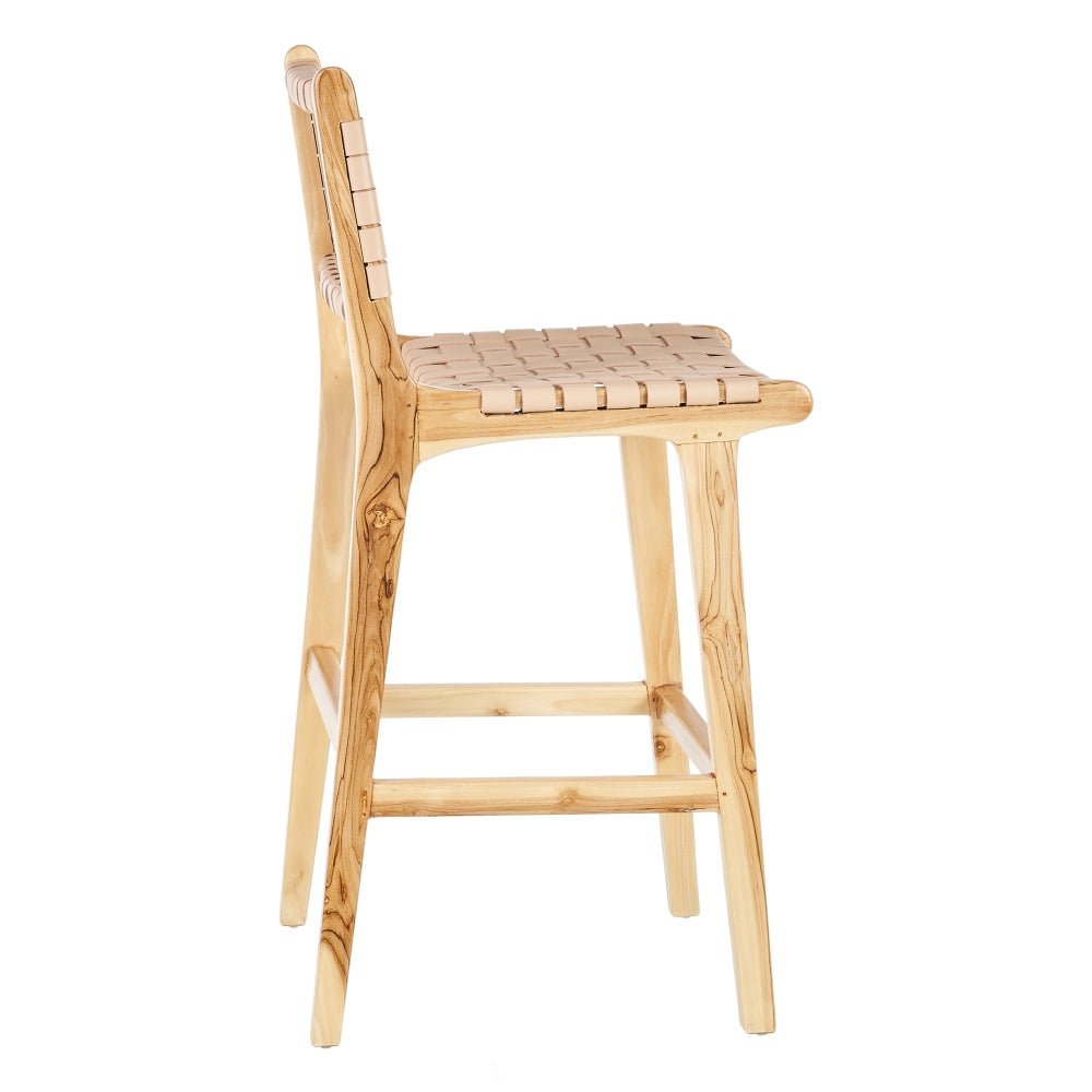 Taburete de madera de teca y piel beige