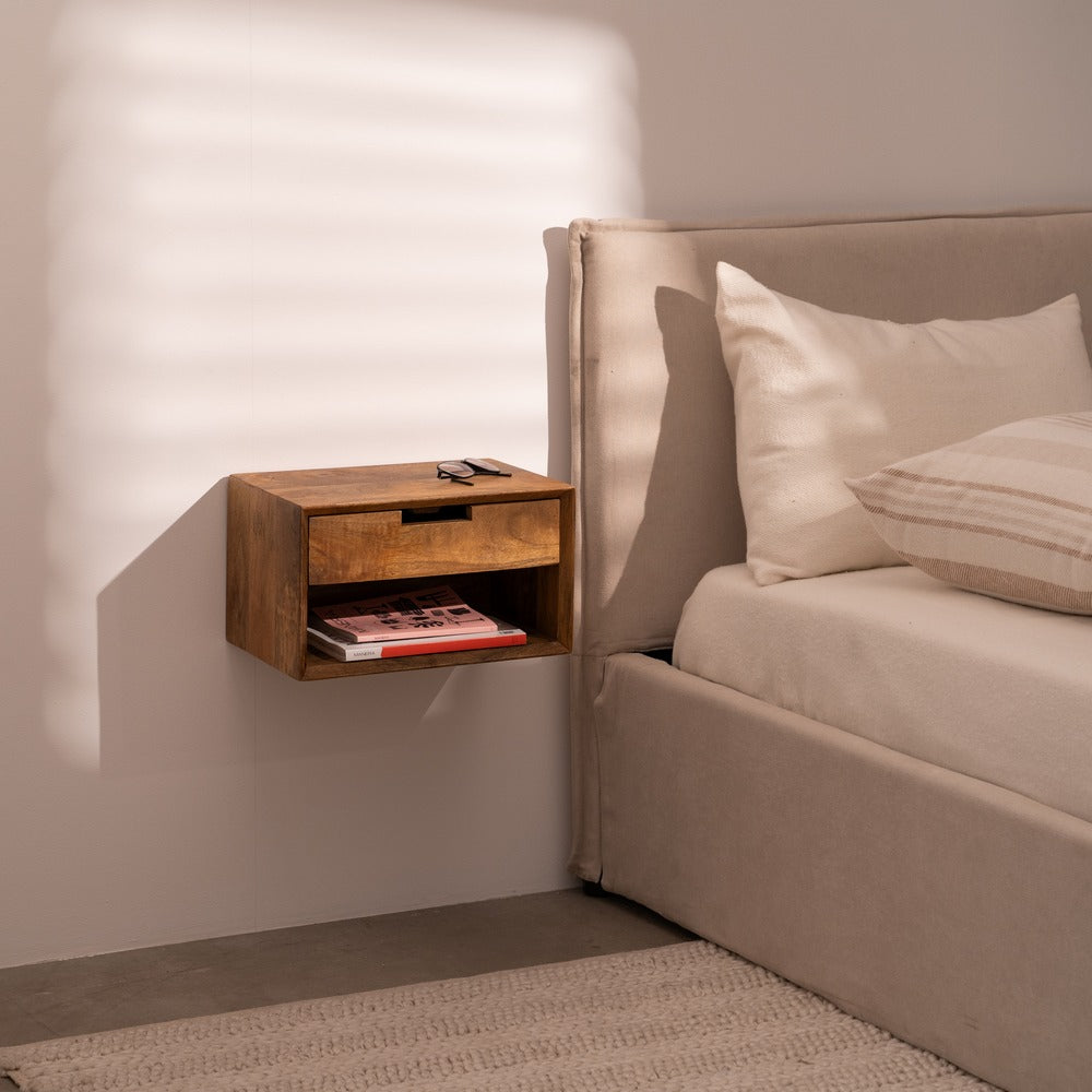 Mesita flotante de madera de mango con cajón.