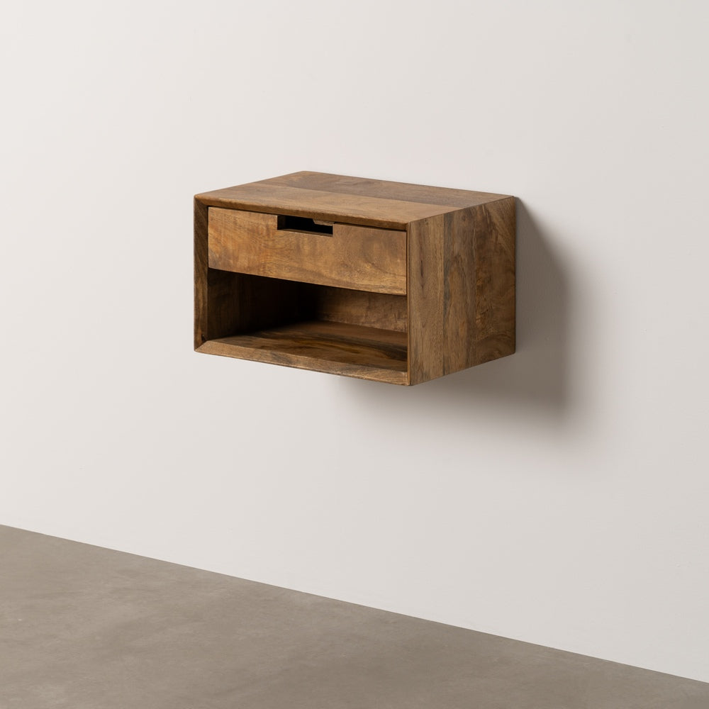 Mesita flotante de madera de mango con cajón.