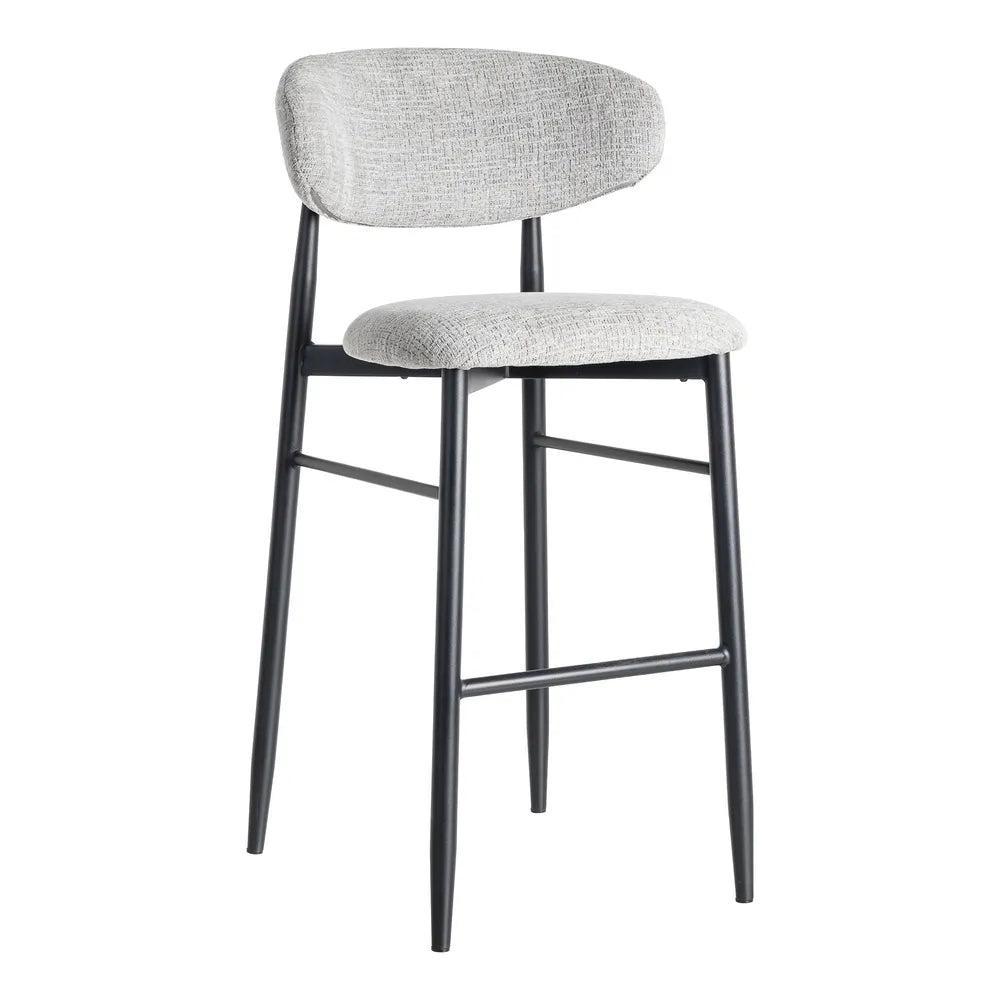 Taburete tapizado gris con estructura metálica