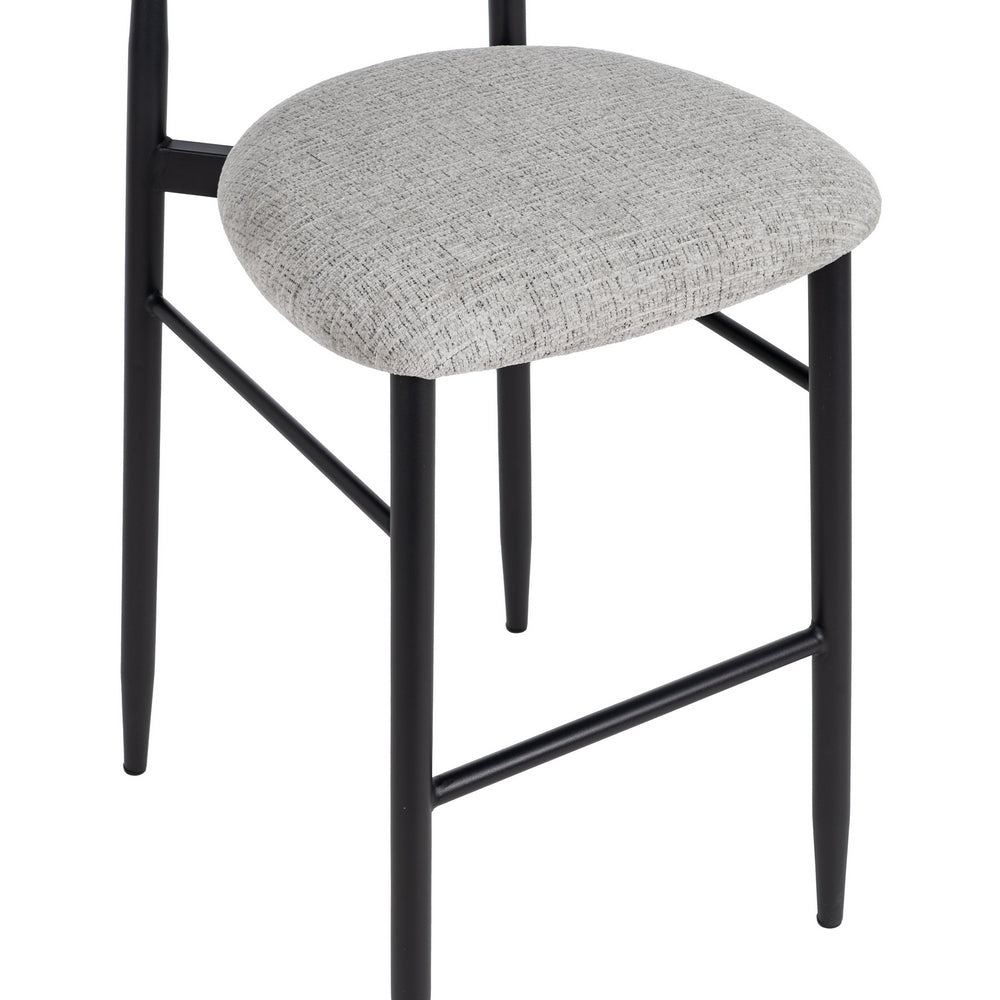 Taburete tapizado gris con estructura metálica