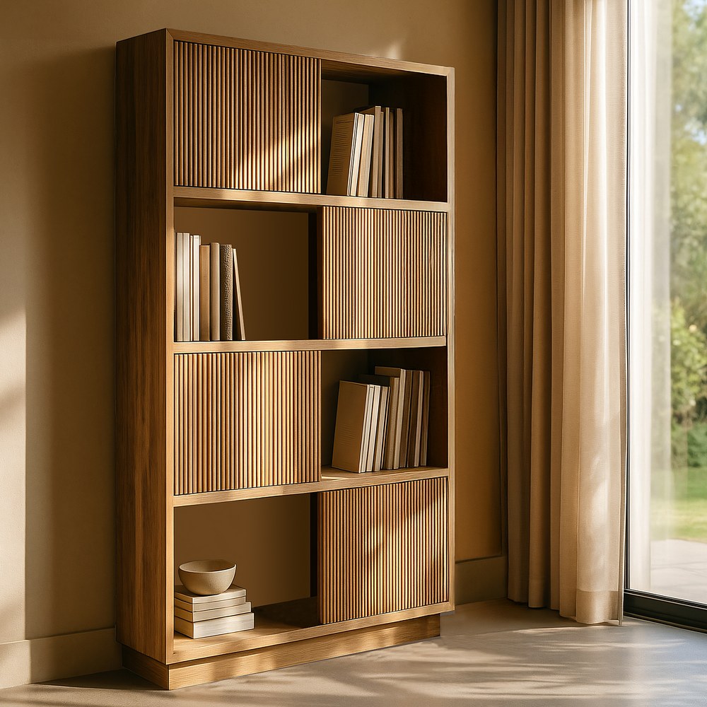 Estantería de madera con puertas correderas acanaladas