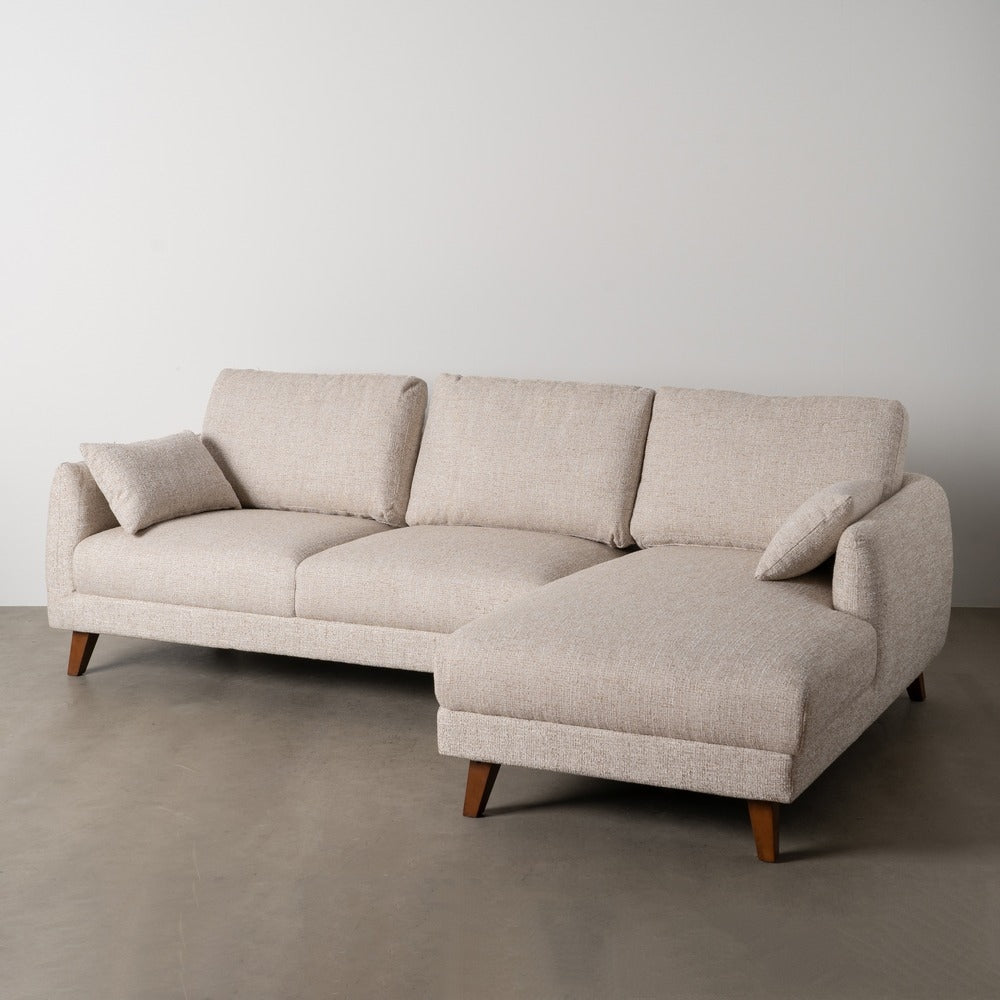 Sofá chaise longue beige en tejido y madera – 240 cm