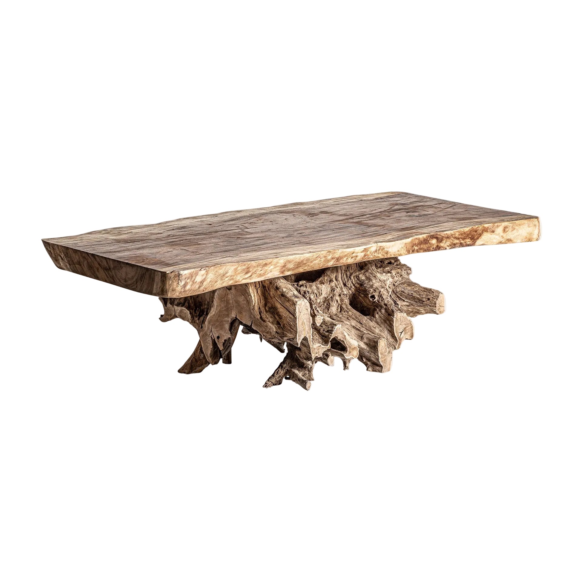 Mesa de Centro de Madera Suar Maciza Marrón Envejecido | Pieza Única Artesanal con Raíz Natural