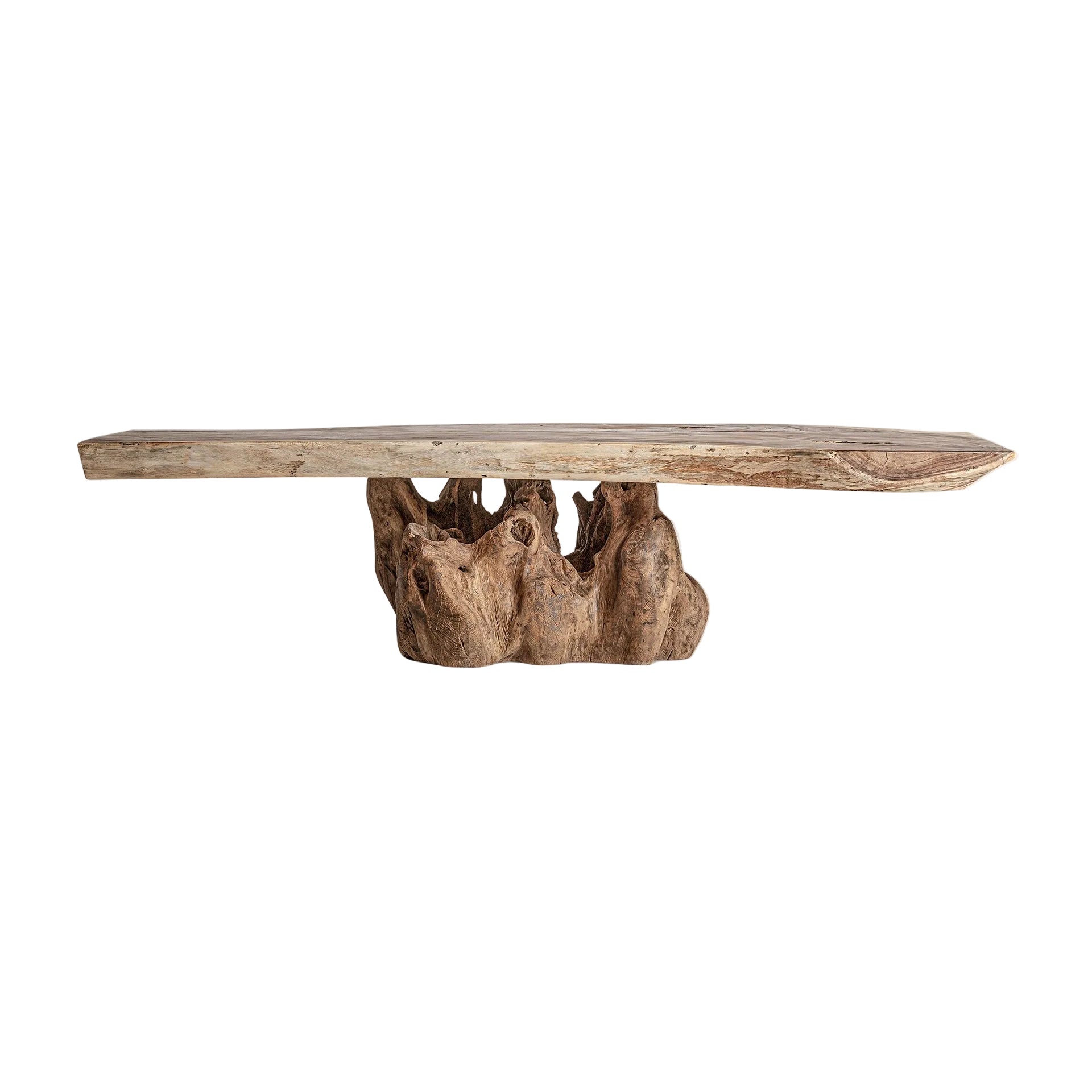 Mesa de Centro de Madera Suar Maciza Marrón Envejecido | Pieza Única Artesanal con Raíz Natural