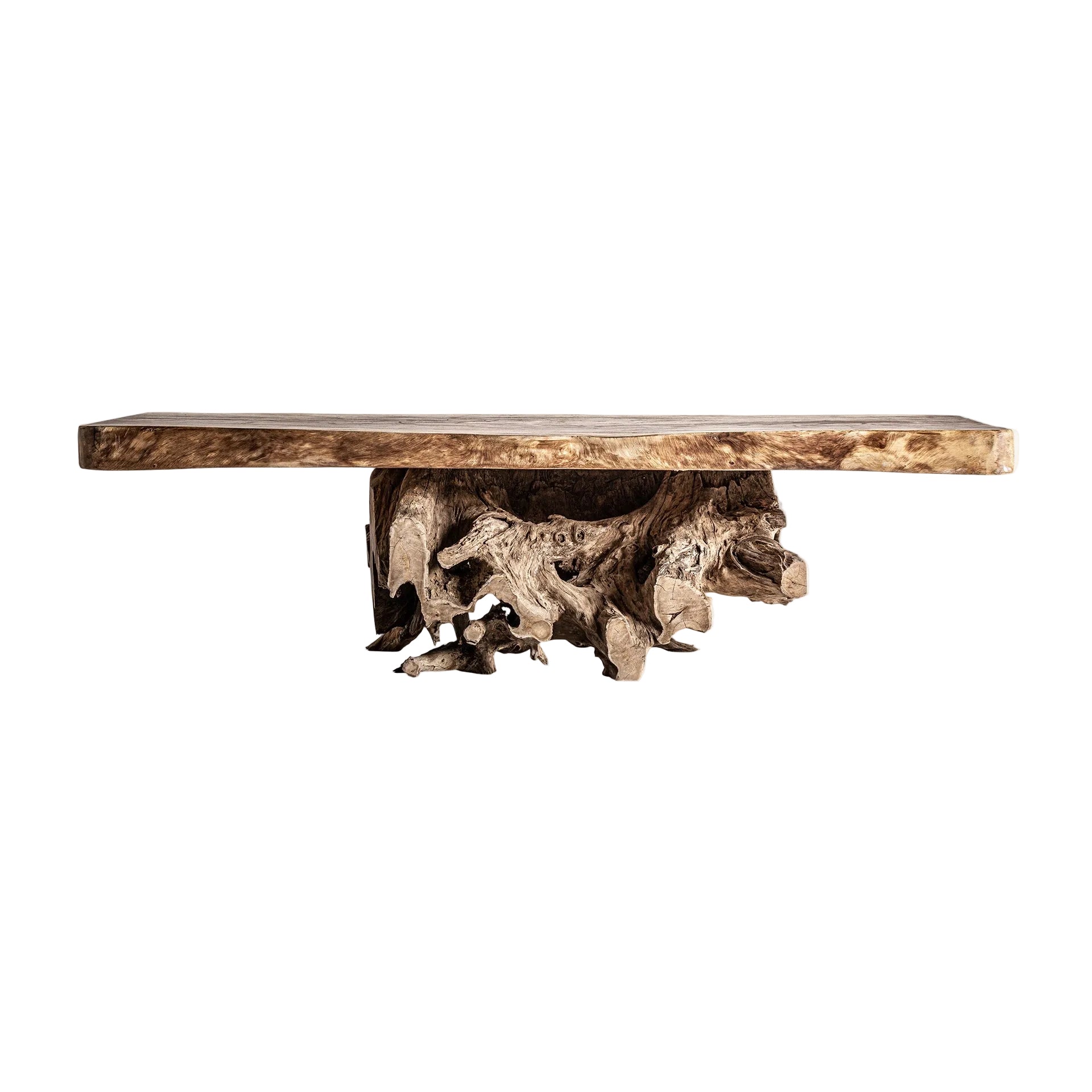 Mesa de Centro de Madera Suar Maciza Marrón Envejecido | Pieza Única Artesanal con Raíz Natural