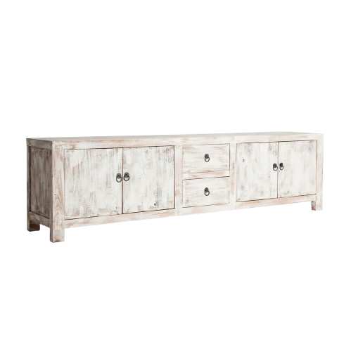 Mueble TV blanco decapado.