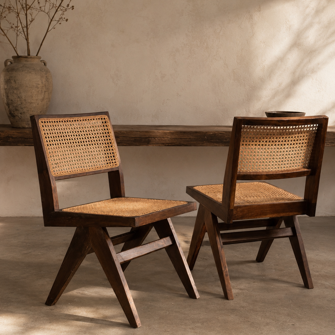 Set 6 Silla de Madera Oscura y Ratán Natural